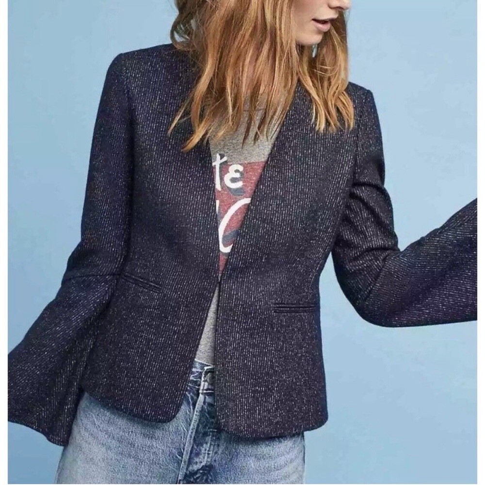 Anthropologie Cartonnier Navy Pinstripe Bell Sleeve Jacket Blazer Size 2